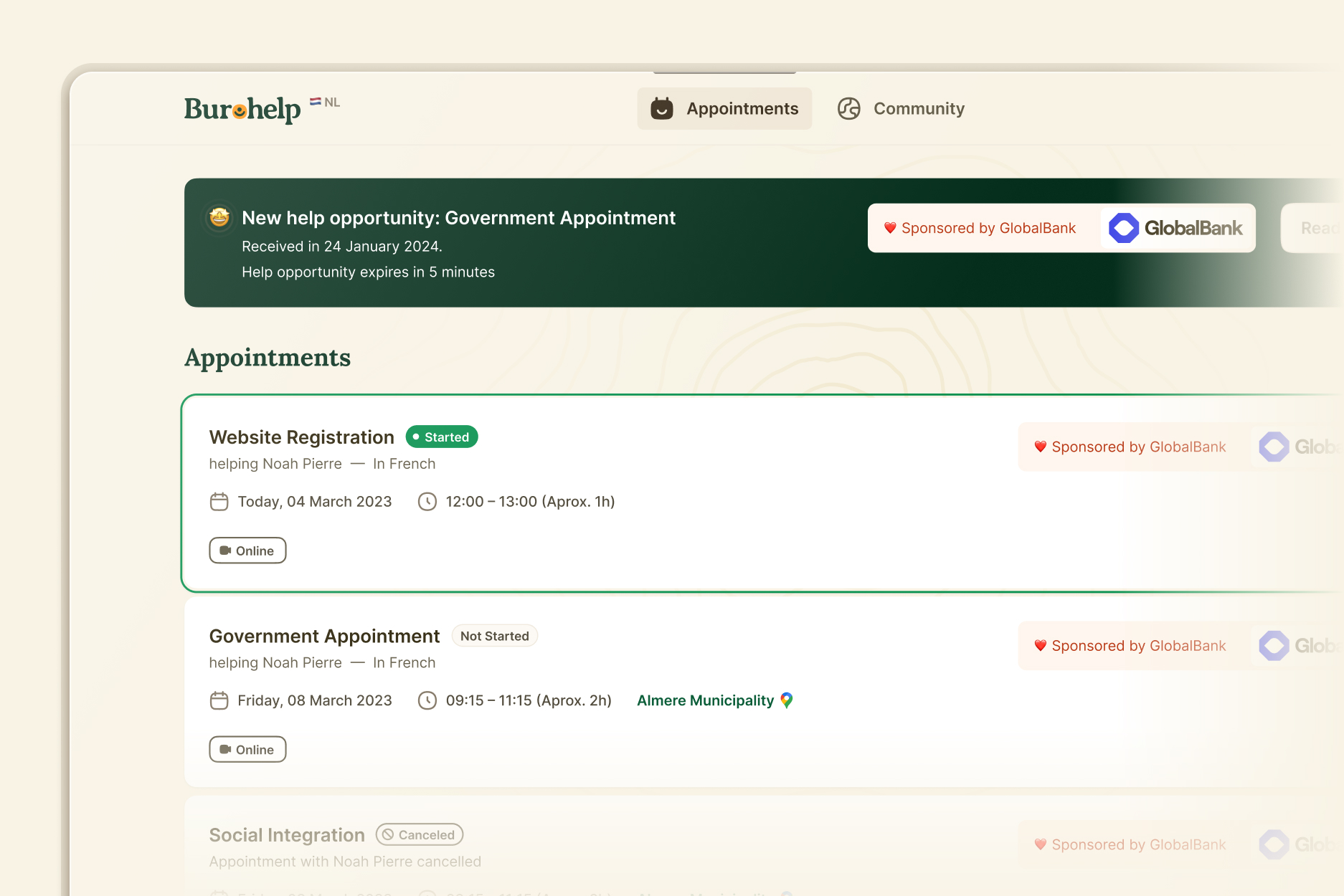 A Burohelp interface displaying volunteer appointments, highlighting active and upcoming sessions, sponsored by an organisation.