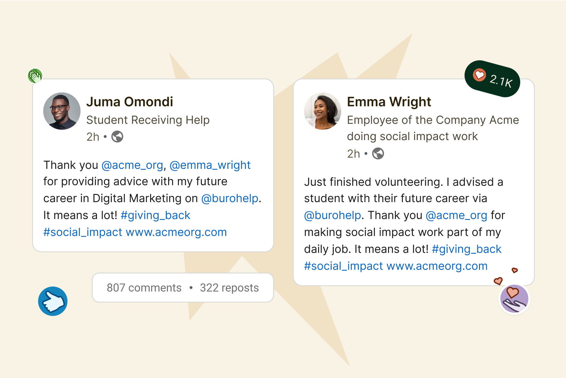 Two social media posts: Juma Omondi thanks @social_impact_org and @emma_wright for career advice via Burohelp; Emma Wright shares her volunteering experience with Burohelp, thanking @social_impact_org.